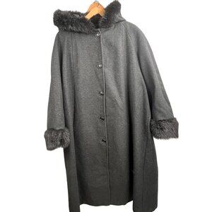 JP 1893 Coat Women's 22W Black Heavy Wool Blend Faux Fur Hooded Cuff Button Long
